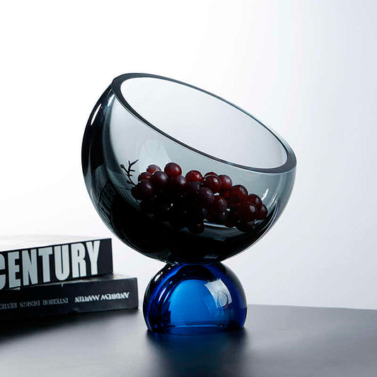 Creative Tilted Crystal Glass Fruit Bowl with Blue Sphere Base, Modern Angled Serving Dish for Candy Snacks Living Room Club, Luxury Contemporary Décor