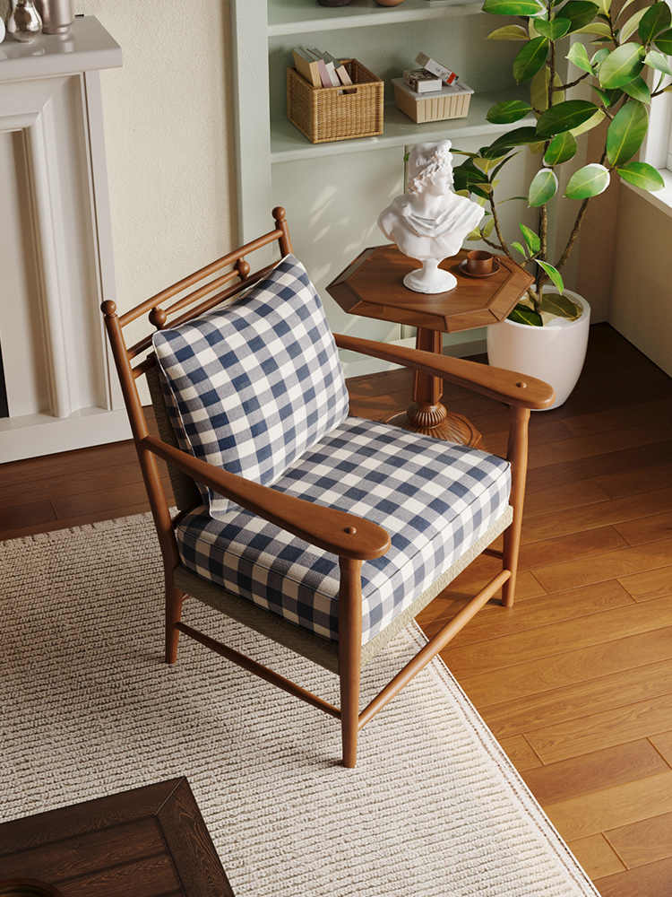 Vintage Plaid Wooden Armchair – Designer Checkered Accent Sofa for Living Room, Homestay, or Study