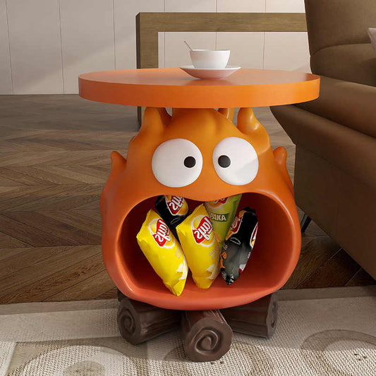 Creative Monster Side Table with Wheels – Quirky Orange Character Mobile Accent Table, Fun Kids Room Storage Furniture, Playful Living Room Décor