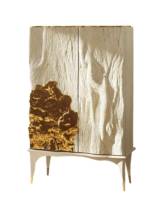 Designer Art Cabinet with Textured Relief Panels & Gold Leaf Accents, Luxury Villa Storage Sideboard with Sculptural Base