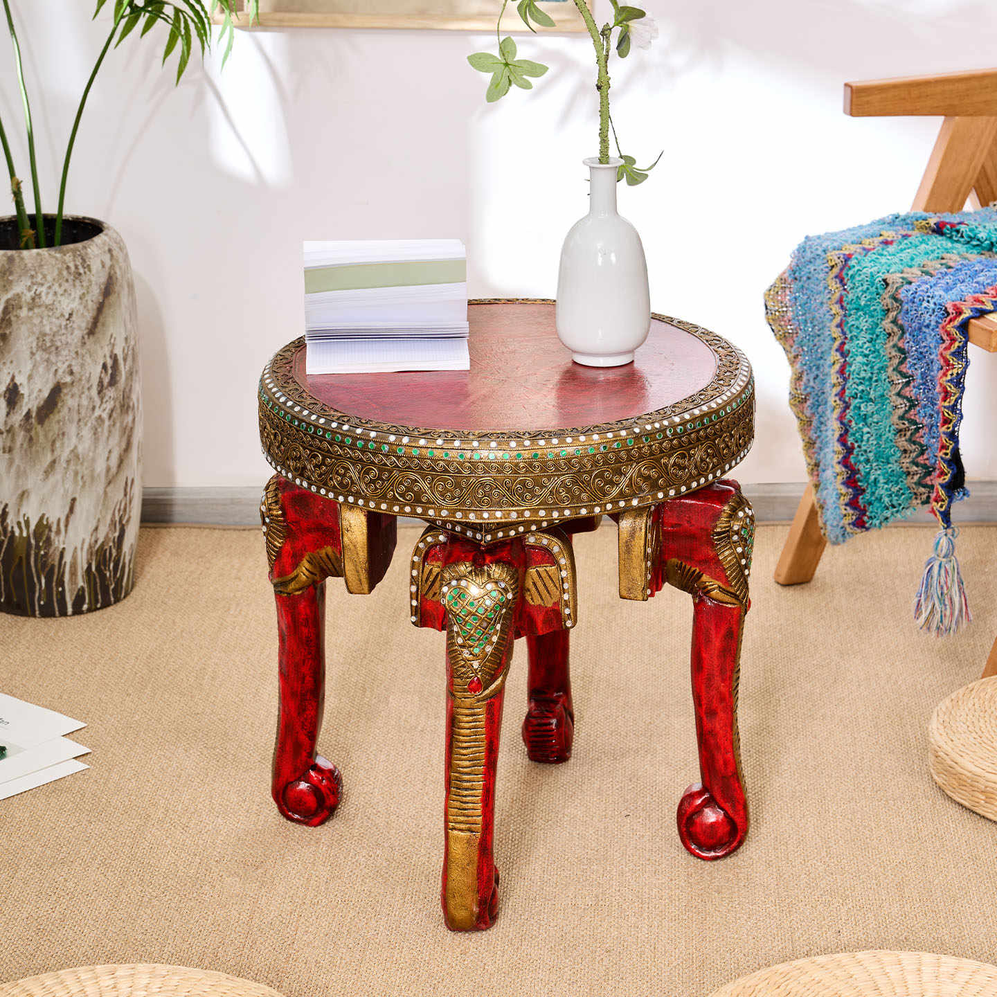 Thai Handcrafted Elephant-Inspired Solid Wood Side Table, Vintage Round Accent Table for Living Room & Balcony