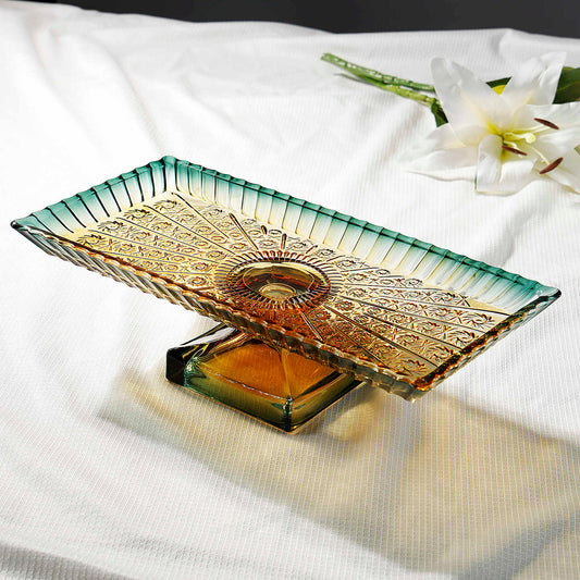 Luxury Emerald Gold Glass Pedestal Serving Tray, Rectangular Crystal Cake Plate with Ornate Sunburst Pattern for Desserts Snacks, High-End Footed Platter