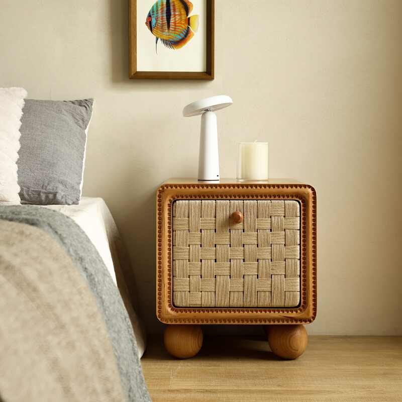 French Vintage Woven Nightstand – Handcrafted Basket-Weave Storage Cabinet with Rounded Wood Frame, Contemporary Bedroom Furniture