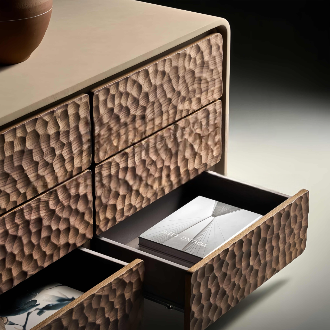 Vintage Solid Wood Hammered Texture Sideboard, Designer Buffet Storage Cabinet for Living Room Entryway, 8-Drawer Modern Chest