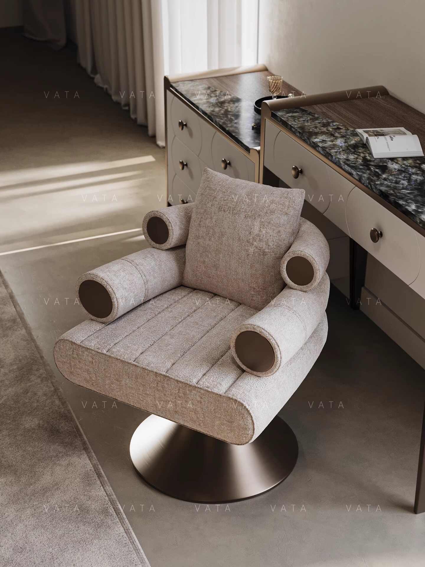 Designer Italian Minimalist Swivel Vanity Chair – Luxury Contemporary Upholstered Accent Chair with Sculptural Cylindrical Arms