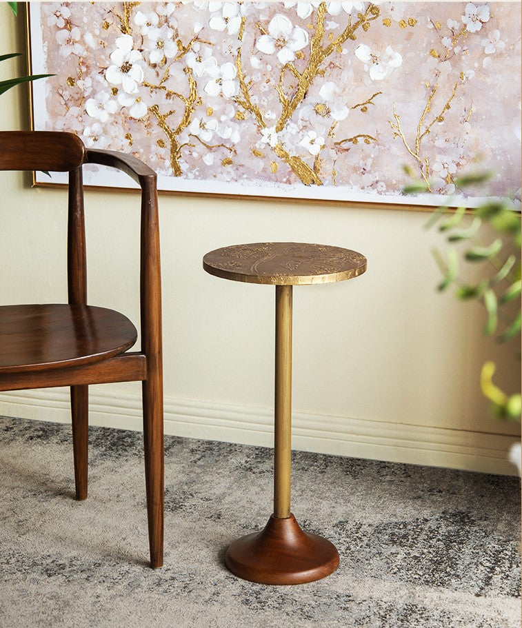 Golden Magpie Brass & Wood Round Accent Table, Vintage Tall Sofa/Bedside End Table, Bird Floral Etched Top