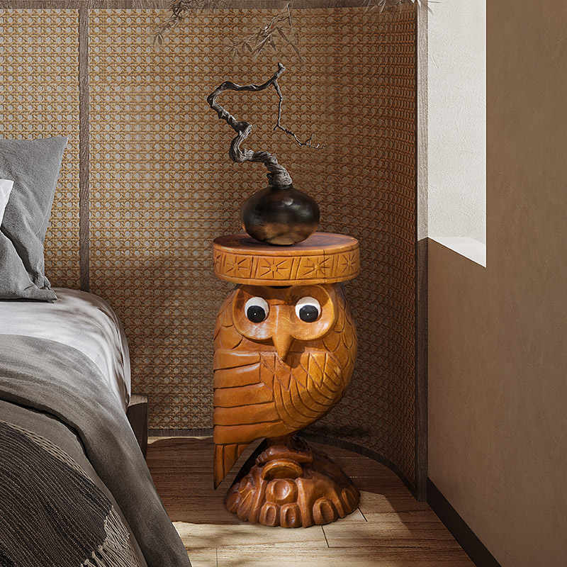 Thai Hand-Carved Wooden Owl Stool, Solid Wood Tree Stump Side Table for Shoe Changing & Plant Stand