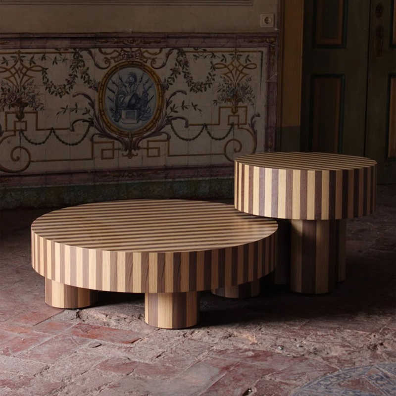 Nordic Italian Wabi-Sabi Round Striped Wood Coffee Table – Modern Small Space Living Room Accent Table, Designer Inlaid Low Tea Table, Minimalist Floral Pattern Centerpiece