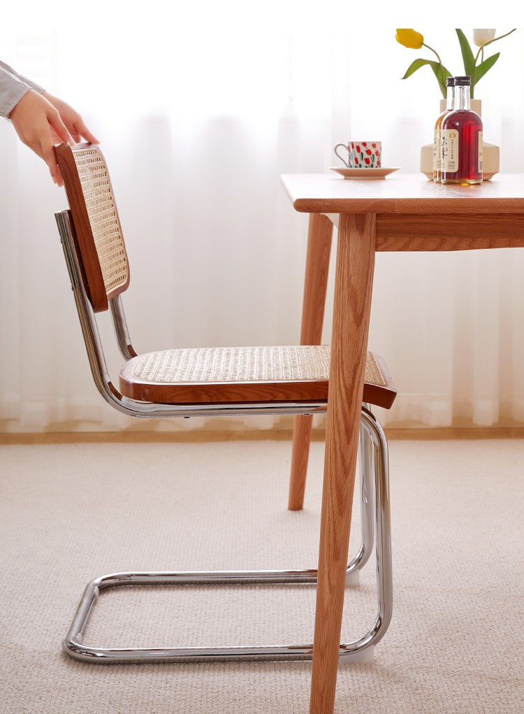 Retro Mid-Century Modern Cane Dining Chair – Solid Wood with Cherry Finish, Single Vintage Loom Backrest Desk & Makeup Vanity Chair