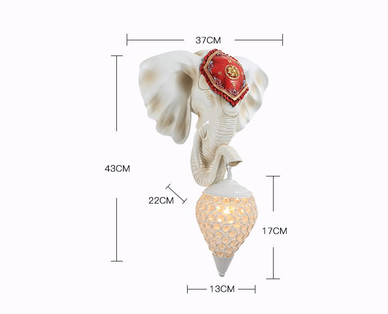 Elephant Wall Sconce Light – White Animal Head Decorative Lamp with Crystal Pointed Globe Shade for Living Room, Bedroom, Hotel, Corridor, or Staircase