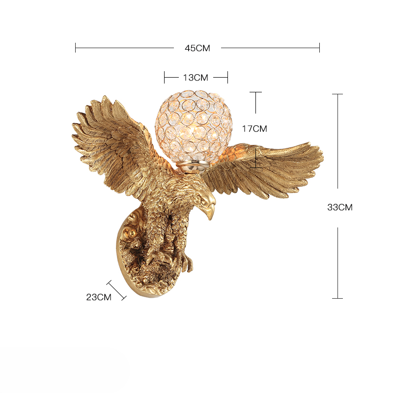 Golden Eagle Wall Sconce Light – Decorative Animal Lamp with Crystal Globe Shade for Living Room, Bedroom, Staircase, Office, Bar, or Accent Wall