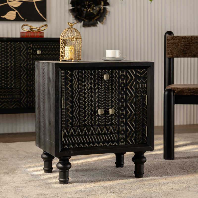 Vintage Black Carved Tribal Pattern Nightstand, Wabi-Sabi Style Storage Cabinet with Turned Legs, Small Space Bedside Table for Bedroom, Living Room