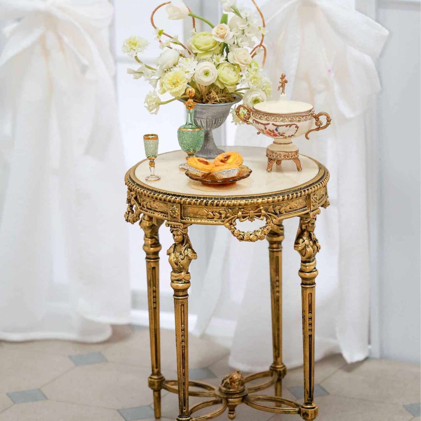 Miniature Augustus Side Table DIY Kit for BJD Dolls, 1:6 Scale Ornate Baroque Style Furniture Assembly Kit with Marble Top