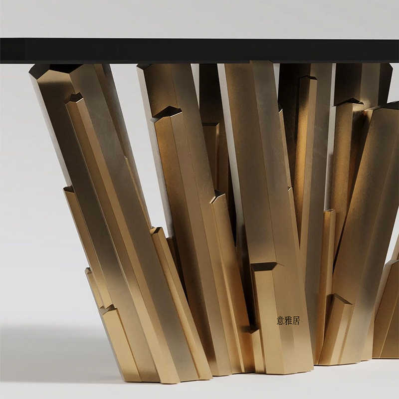 Designer Sculptural Console Table – Luxury Gold Brass Base with Black Top, Contemporary Geometric Art Entry Table for Modern Entryways