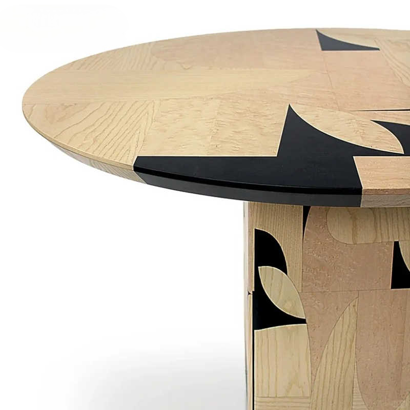 Minimalist Designer Irregular Wood Veneer Round Dining Table, Mid-Century Modern Artistic Solid Wood Table with Sculptural Base