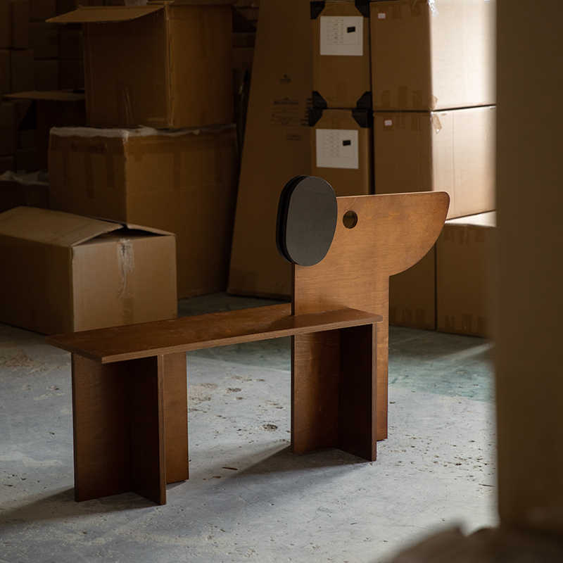Whimsical Dog-Shaped Wooden Bench, Mid-Century Modern Pet-Inspired Seating with Circular Accents, Creative Studio Furniture & Entryway Shoe Bench
