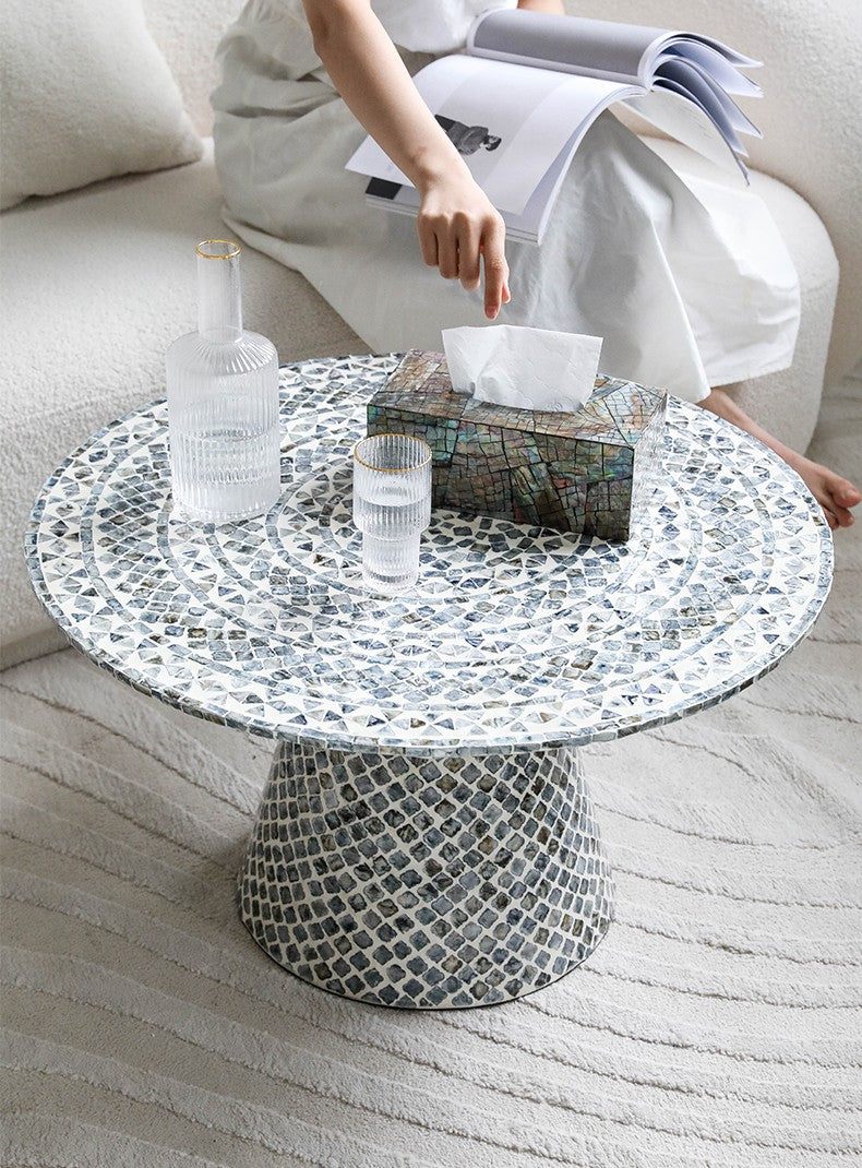 Vintage Gray Mosaic Round Coffee Table, Designer Accent Table for Living Room Sofa, Modern Shell Inlay Side Table
