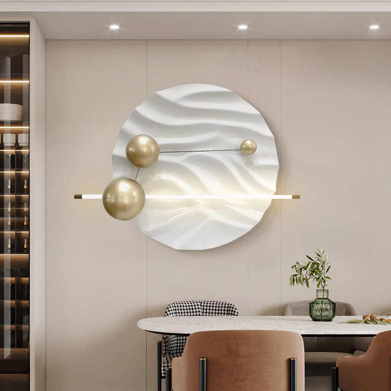Modern Minimalist 3D Round Wall Art with Lighting – Sculptural Sandstone Relief, Gold Metal Spheres, Warm White Plug-in