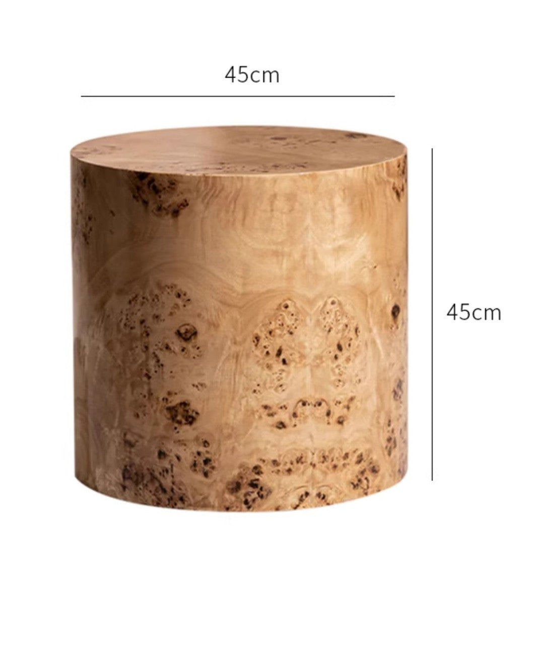 Burl Wood Cylindrical Side Table, Natural Tree Burl Accent Table with Organic Grain Patterns, French Style Round Drum Nightstand, INS Nordic Design