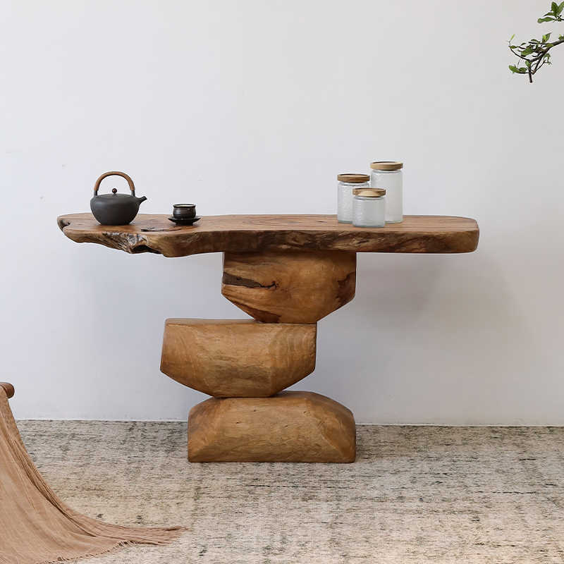 Wabi-Sabi Japanese Natural Wood Console Table, Designer Irregular Edge Stone-Stacked Entry Table for Hotel & Home