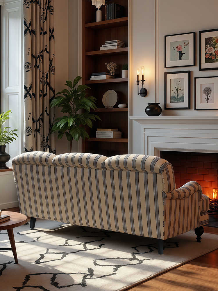 Vintage Striped Sofa – Retro 3-Seater Fabric Couch for Living Room, Homestay, Designer Loft