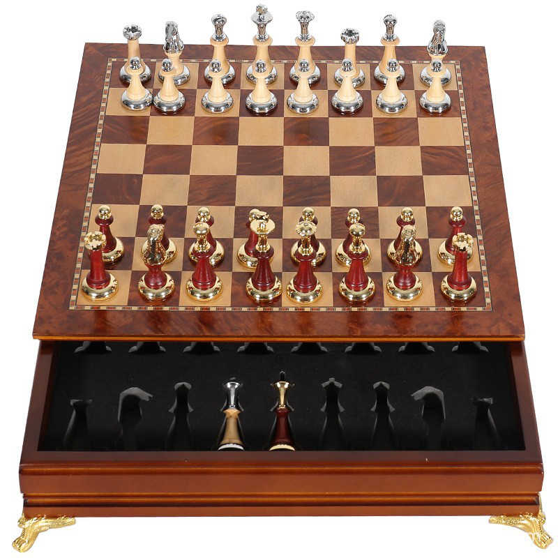 European Luxury Chess Set – High-End Solid Wood Drawer Chess Table with Gold Metal Inlaid Pieces, Classic Decorative International Chess Board