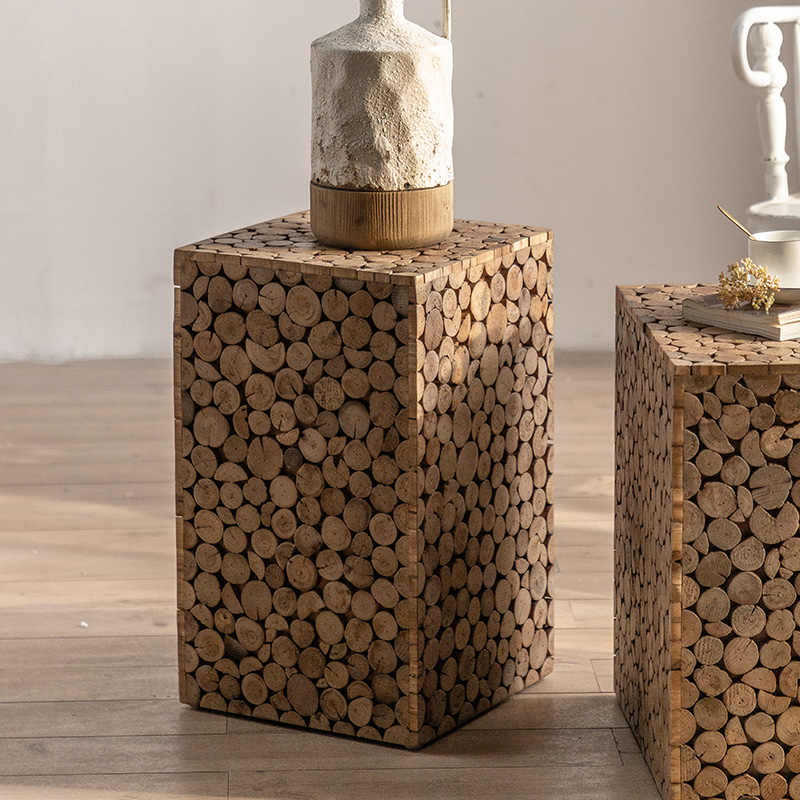Wabi-Sabi Rustic Wood Branch Cube Table, Natural Teak Log End Accent Table for Living Room & Bedroom