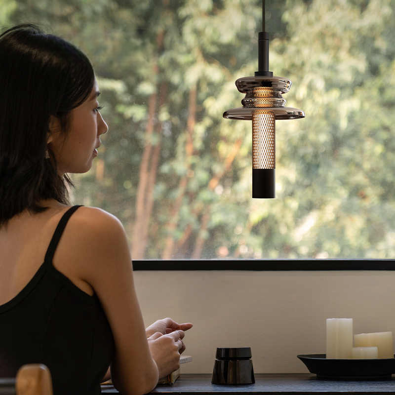 Modern Smart Pendant Lamp, Adjustable LED Bedside Suspension Light, Black Glass & Metal, Works with Tuya System