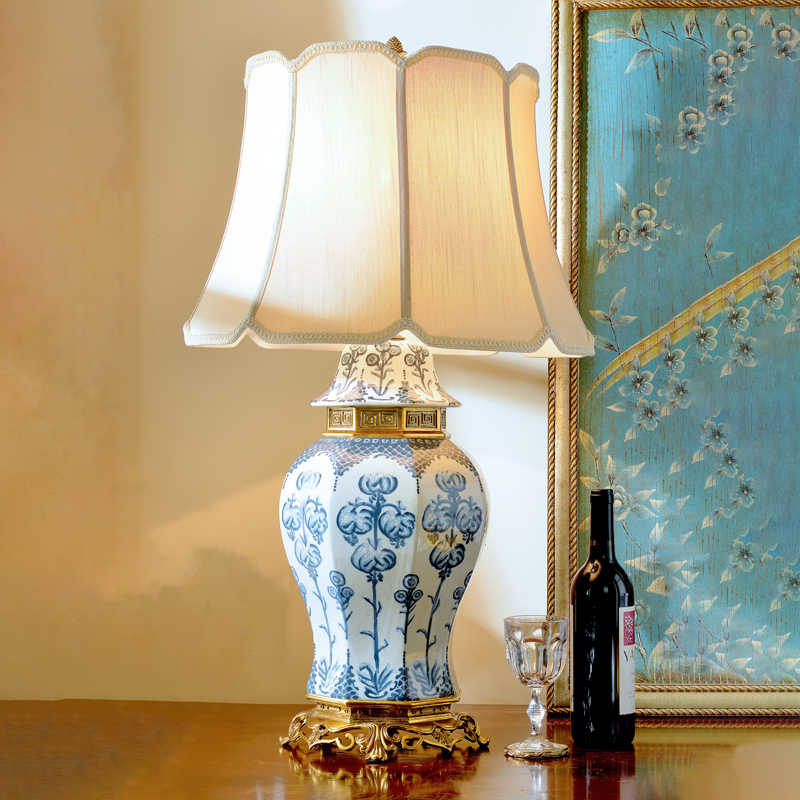 Palace Style Blue Porcelain and Brass Table Lamp – Luxury Decorative Lamp for Living Room, Bedroom, Villa, and Grand Entryway