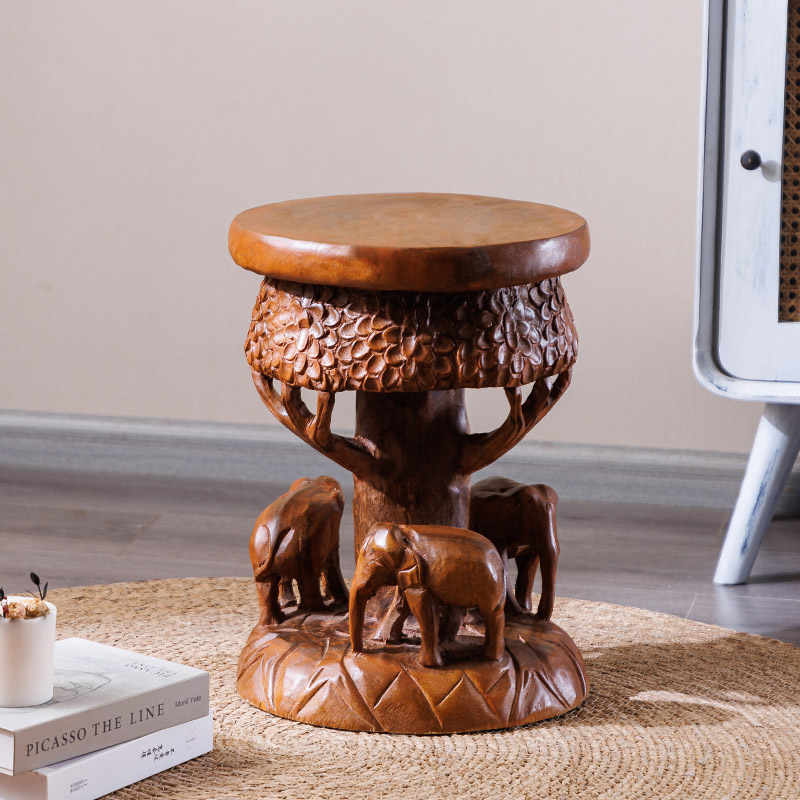 Hand-Carved Thai Solid Wood Elephant Stool, Creative Animal Accent Seat, Decorative Shoe Bench Plant Stand