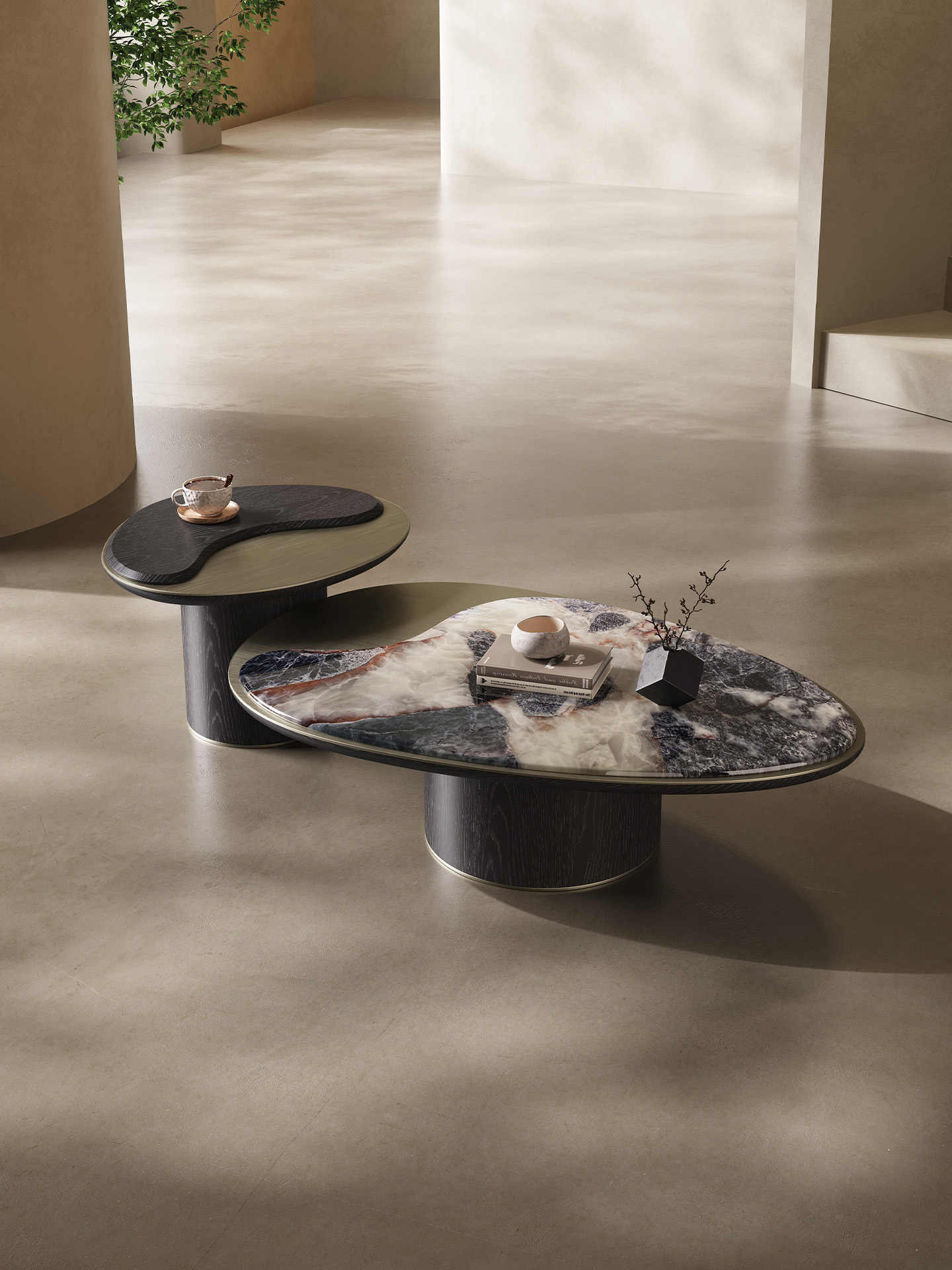 Luxury Modern Coffee Table Set, Minimalist Marble & Wood Grain Design for Small Spaces, Contemporary Living Room Furniture
