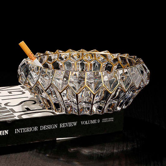 Luxury Gold-Trimmed Crystal Diamond-Cut Glass Ashtray, Large Heavy-Duty Anti-Ash Design for Home Office, Premium Decorative Smoking Accessory
