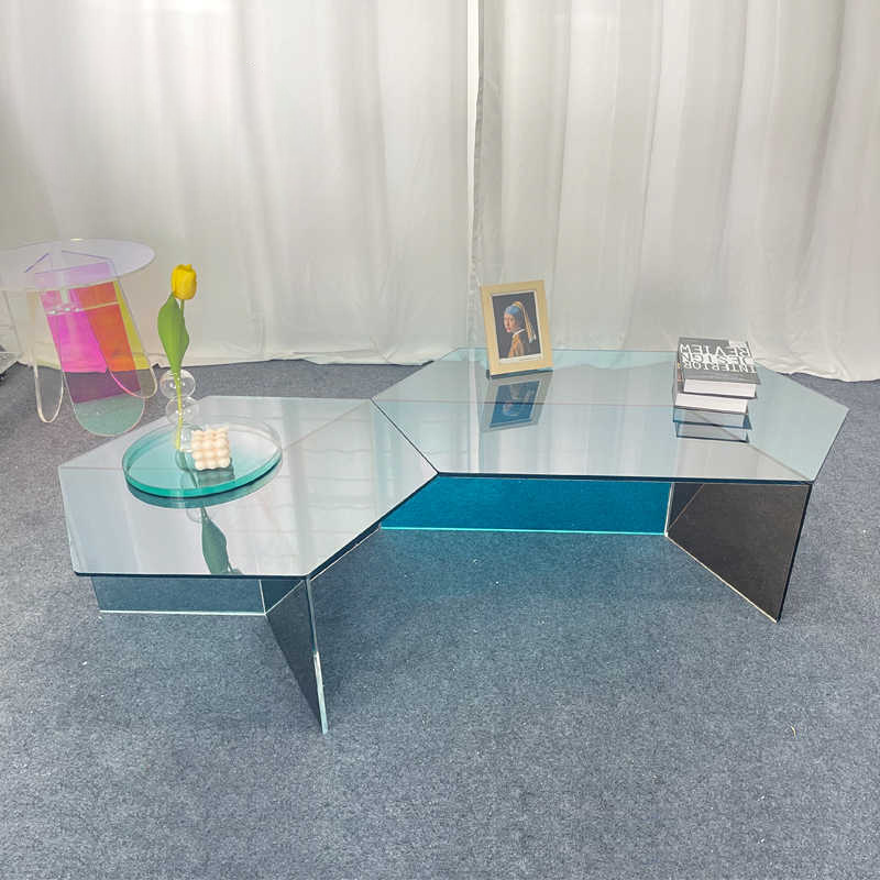 Modern Hexagon Blue Acrylic Coffee Table, Minimalist Geometric Designer Side Table, Large Artistic Accent