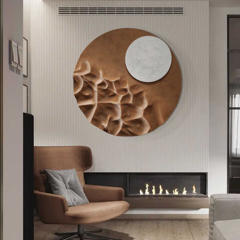Modern Round 3D Relief Wall Art, Handcrafted Embossed Sandstone Texture Landscape with Moon, Entryway & Living Room, Unframed