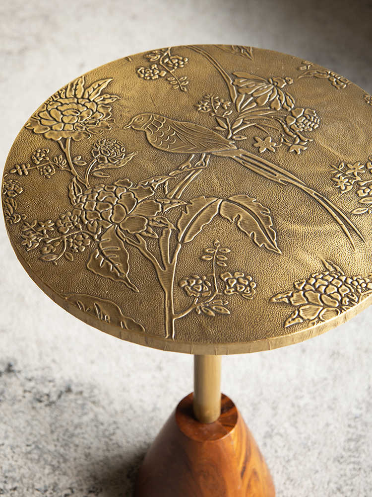 Golden Magpie Brass & Wood Accent Table, Vintage Round Side Table for Living Room, Sofa, Balcony, Bedroom Nightstand, Bird Engraved