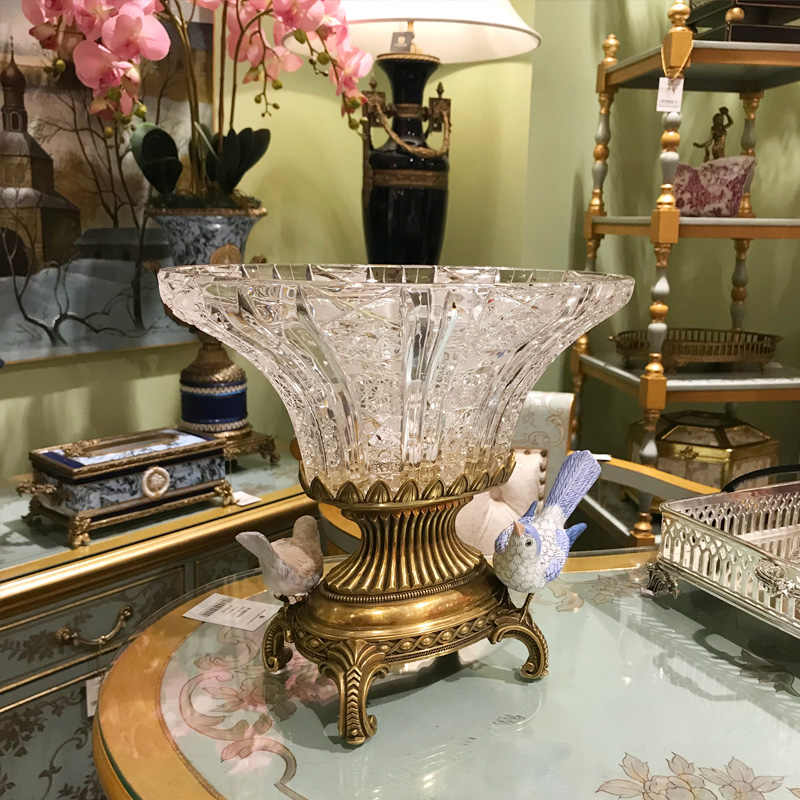 Luxury French Brass Ceramic Bird Czech Crystal Pedestal Fruit Bowl, Ornate Wide-Mouth Decorative Centerpiece with Bird Figurine