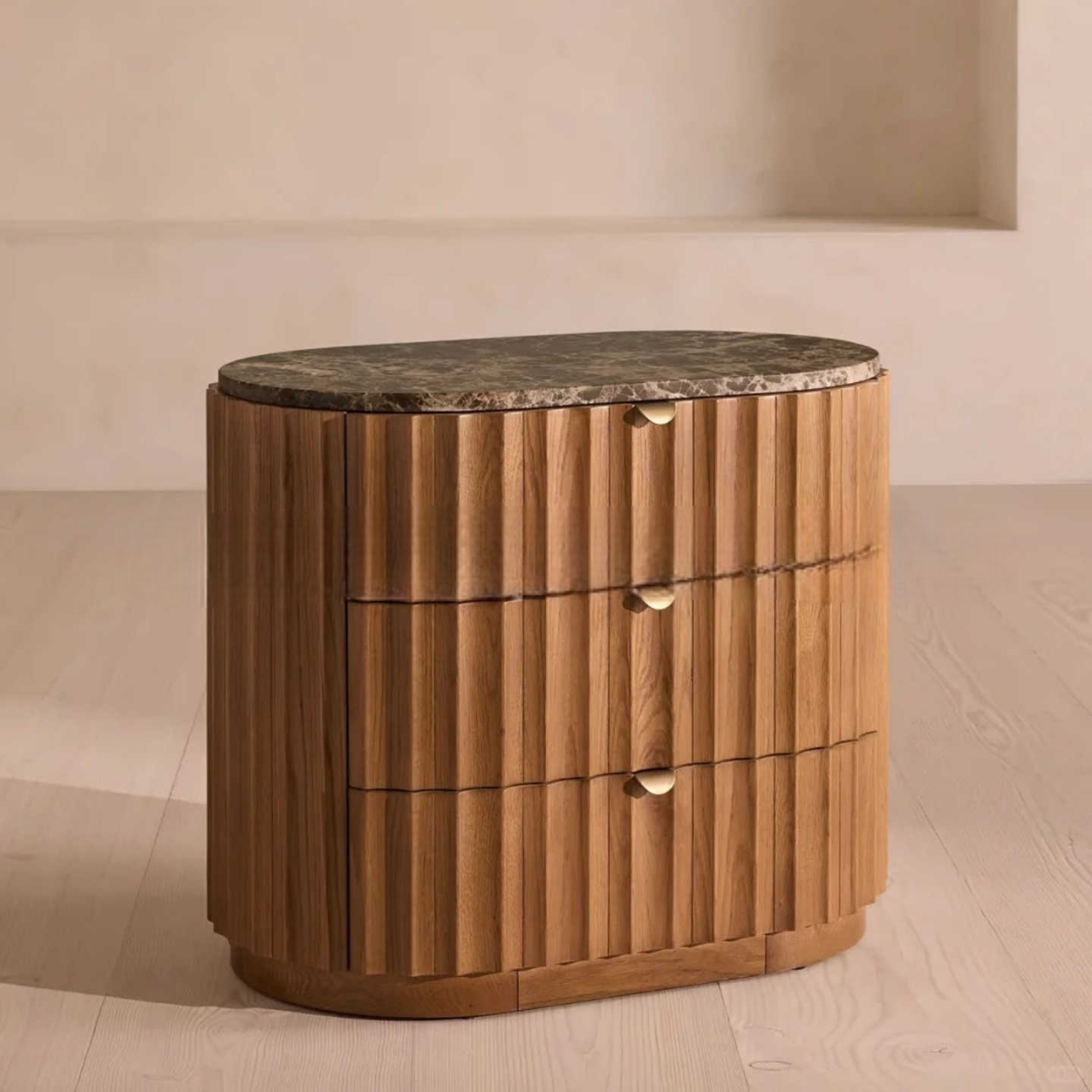 Mid-Century Modern Solid Wood Nightstand – Designer Vintage Bedside Cabinet with Marble Top, Three Drawers, No Assembly Required, Bedroom Storage