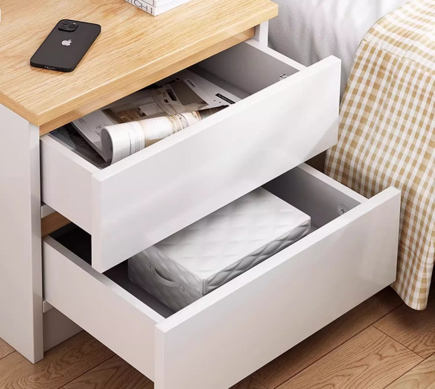 Walnut Color Compact Bedside Cabinet – Modern Bedroom Storage Organizer, 2-Drawer Small Nightstand