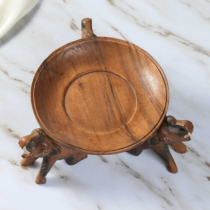 Thai Hand-Carved Three Elephant Fruit Bowl, Solid Wood Luxury Serving Tray for New Year & Home Entertaining