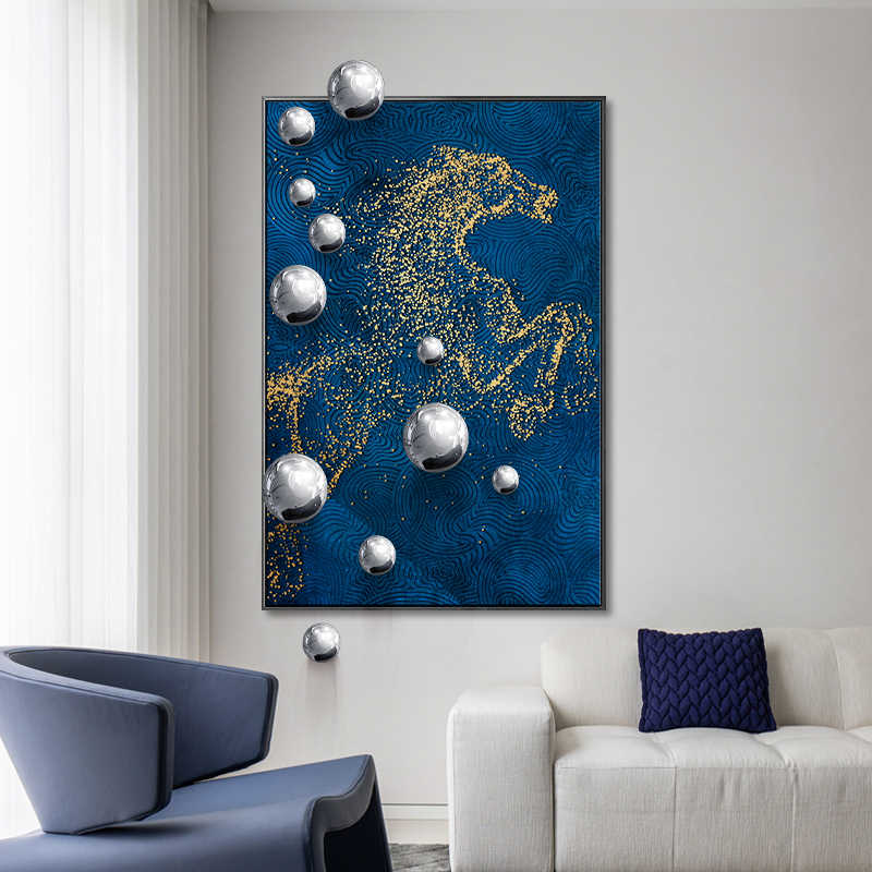 Luxury Blue and Gold Horse Canvas Wall Art with 3D Metal Spheres, Large Abstract Decorative Painting for Office Entrance or Living Room