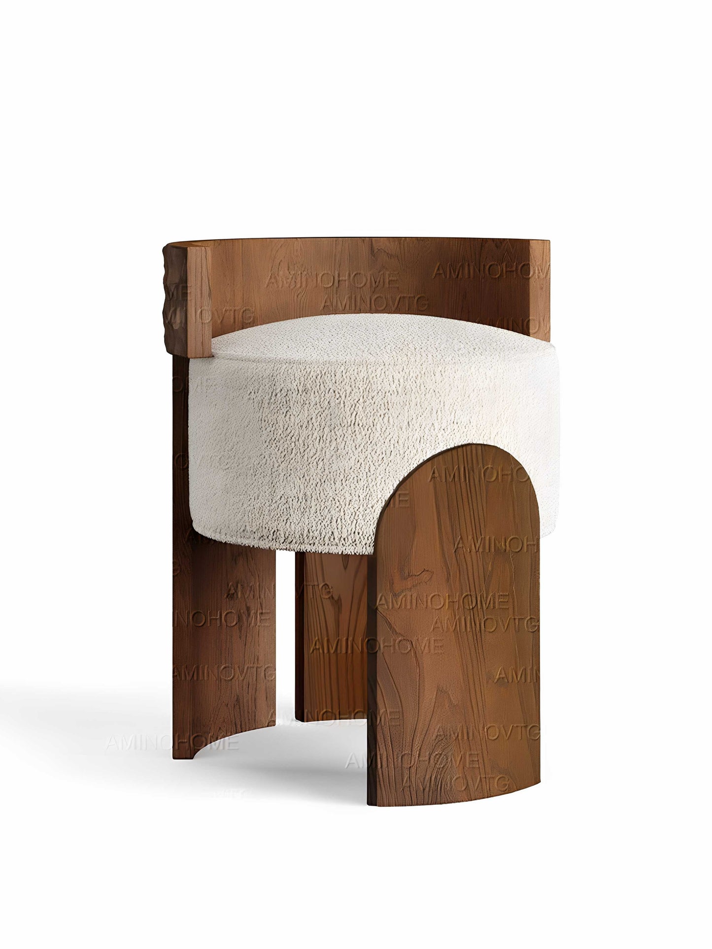 Home Designer Solid Wood Accent Chair with Boucle Upholstery, French Vintage Curved Backrest Dining Chair, Luxury Vanity Stool with Textured Wood Base