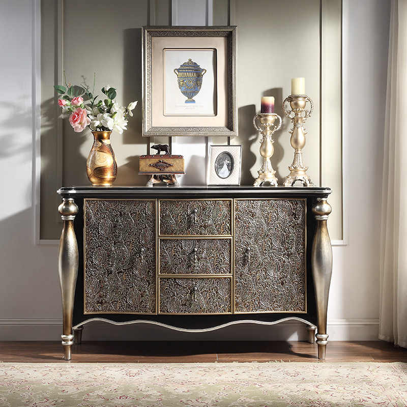 European Luxury Embossed Metal Console Cabinet with Ornate Relief Panels, Solid Wood Entryway Storage Sideboard with Curved Legs, Villa-Style Dining Room Bar Cabinet