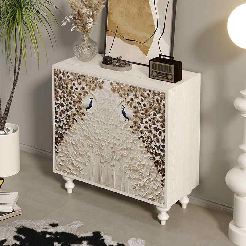 Luxury Peacock Art Painted Entryway Cabinet, Handcrafted Solid Wood Sideboard in Cream White for Living Room or Foyer