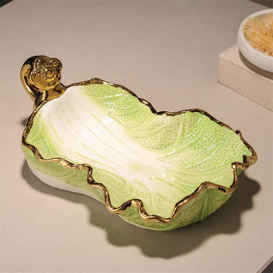 Luxury Cabbage Ceramic Fruit Plate, High-End Green Gold Home Table Centerpiece for Living Room, Tea Table, or Gift