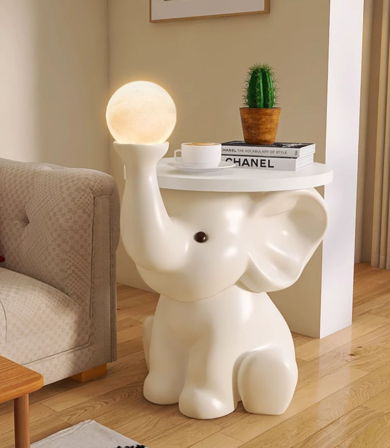 Elephant Side Table with LED Light, Modern Cream White Resin Animal Accent Table for Living Room