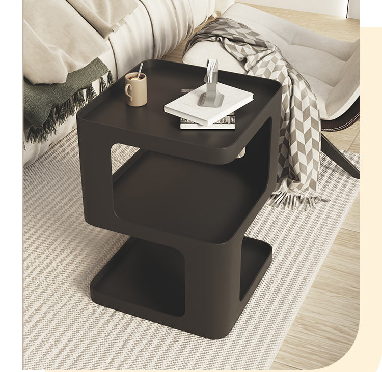 Modern S-Shaped Side Table with Triple Storage Levels, Contemporary Black Nightstand with Geometric Design, Minimalist Living Room Accent Table
