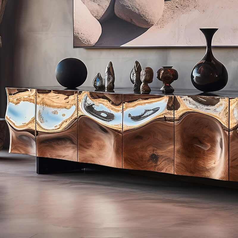 Designer Sculptural Walnut TV Stand, Italian Luxury Postmodern Media Console Cabinet, High-End Artistic Wood Sideboard for Living Room