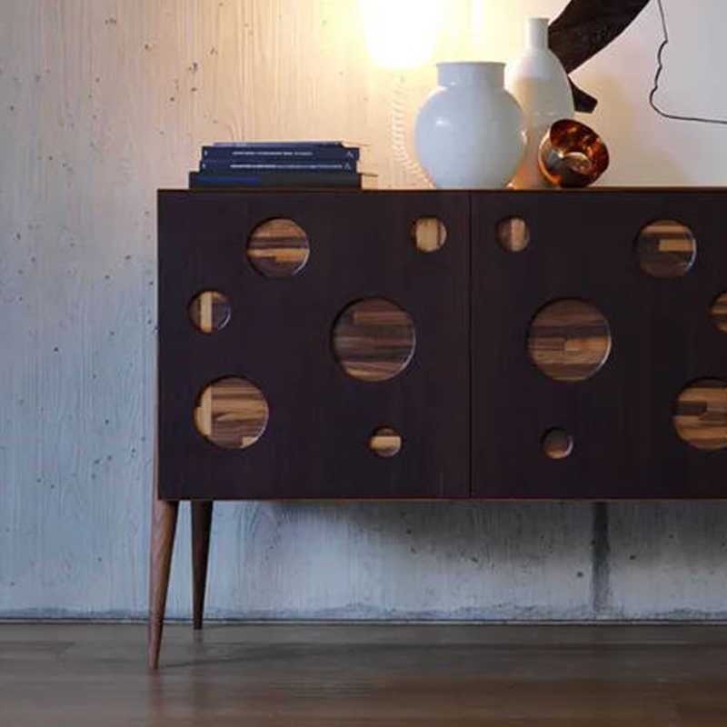Italian Mid-Century Modern Sideboard with Circular Cut-Out Design, Walnut Wood Credenza with Tapered Legs, Contemporary Storage Cabinet