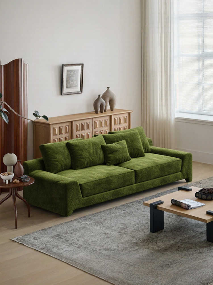 Vintage Chenille Upholstery 3 Seater Sofa – Retro Straight-Line Couch for Small Apartment, Living Room & Homestay