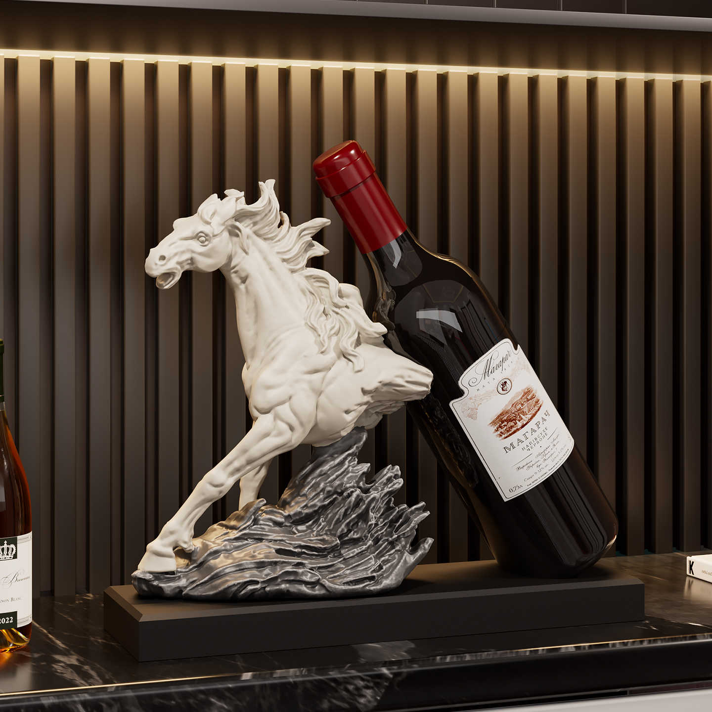 Galloping Success Horse Wine Rack, 2025 Luxury White Resin Sculpture, Modern Living Room/Console/Wine Cabinet Art Display